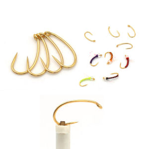 50PCS 20#~14# Curved Nymph Barbless Fly Tying Hook Down Eye Fine Wire Non-barb Golden Hooks for Caddis Larvae Scuds Emerger Fly