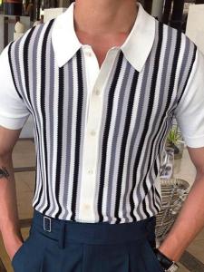 Áo Thun Nam Mùa Hè Mỏng Tay Ngắn Sọc Thêu Cổ Polo Thường Ngày Dáng Rộng Thoải Mái Thoáng Khí