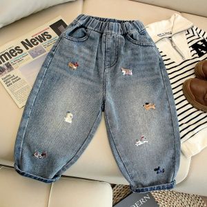 Sonkpuel | Spring Autumn New Korean Style Kids Jeans Cute Puppy Embroidery Casual Long Pants for Boys Versatile Fashion Trousers
