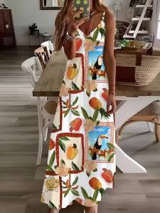 Printed Design Four Seasons casual style Tropical Fruit And Toucan Print V-neck sling dress