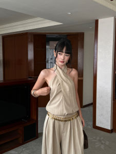 VENUIE | Simple Commuter Khaki Suit Sleeveless and Neck Hanging Top with Low Waist Wide Leg Trousers