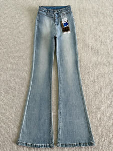 กางเกงยีนส์ทรงขาบานเอวต่ำทรงสลิมฟิตสำหรับผู้หญิง กางเกงขายาวทรงลำลองสไตล์เกาหลีฤดูใบไม้ผลิและฤดูร้อน