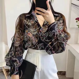 Floral Print Loose Womens Shirt Summer New Style Sun Protection Polo Collar Chiffon Lantern Sleeve Womens Top Casual Shirt