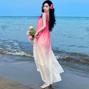 CHANGTONG | Beach Vacation Style French Elegant Gradient Color Chiffon Dress Dopaamine Super Beautiful Strap Long Skirt High Waist A-Line