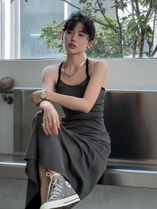 ชุดเดรสยาวคอตั้งแขนกุดสีดำเซ็กซี่ลำลองหลวมๆ ชุดเดรสยาวคอตั้งเอวสูงแขนกุดฤดูใบไม้ผลิฤดูร้อน