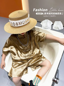 ชุดกิ๊บติดแฮนด์เมดแบบลำลองสำหรับเด็กชาย ชุดฤดูร้อนผ้าไหมน้ำแข็งแขนสั้น ชุดการแสดงแบบปรับปรุงใหม่ ชุดสองชิ้น