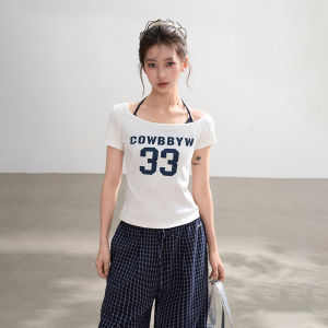 BAIDAIFEI | Halter Shoulder Short Sleeve Tee Slim Fit Sporty Top