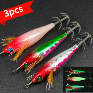 3pieces Laser Reflective & Glow in The Dark Squid Lure Kit Horizontal Glow Shrimp with Feathers  Fishing Bait for SquidOctopus