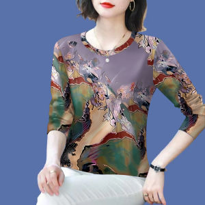 New Long Sleeve 2025 Print Anti-Aging round Neck Spring Autumn Mom T-Shirt Belly Covering Slimming Versatile Base Shirt Women Trendy