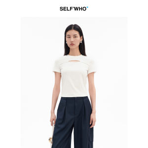 Cotton-Blended Round Neck Hollow T-Shirt Short Sleeve