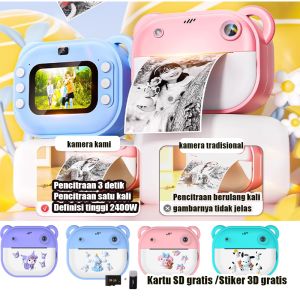 (stiker 3D gratis) Kuromi Kamera Anak Digital Mini Dual Camera Instant Print Layar FHD 2 Inc/2400W HD Camera/Multifungsi Camera/Kamera Digital Mini Anak Kuromi