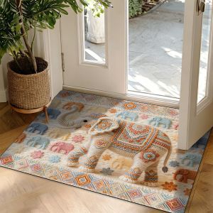 VIKAMA Lucky White Elephant Entry Mat Felt Embroidery Style Green Plant Flower Non Slip Absorbent Porch Welcome Floor Rug