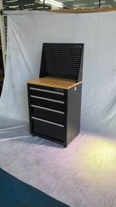 Tủ dụng cụ CSPS 61cm - 04 hộc kéo màu đen chân tăng chỉnh ván gỗ vách lưới (tay cầm trắng)