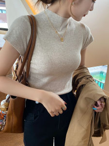 Early Autumn Womens Base Shirt Short Sleeve Knitted Half High Collar Inner Wear Casual Style Regular Length Pure Color T-shirt