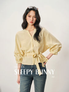 Yellow Waist-defining Leisure Loose Fitted Slim V-neck Shirt