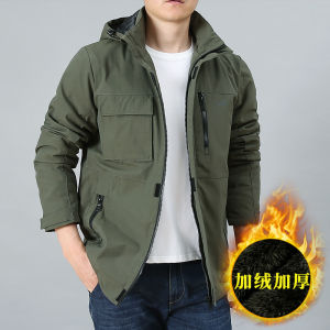 Mens Thickened Fleece Lined Jacket Workwear Coat Medium Length Winter New Style Cotton Clothes Standard Fit Fashion Urban Style