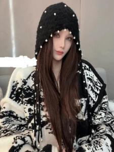 Handcrafted Pearl Tassel Knitted Hat Womens Fashionable Versatile Korean Style Autumn Winter Woolen Cap Sweet Cute Style