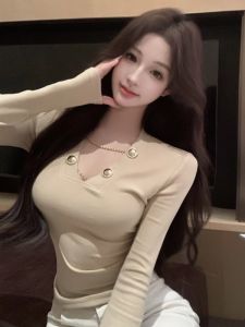 GUZILIAN | Elegant Slim Fit V-neck Hollow Out Base Layer T-shirt Unique Versatile Long Sleeve Summer Top For Pear Shaped Women