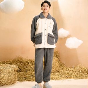 LUNILAI | ชุดนอนขนแกะ 2023 ผ้าขนแกะปะการัง ความอบอุ่นในฤดูใบไม้ร่วงและฤดูหนาว ชุดนอนสองชั้น หนา อบอุ่น สำหรับทั้งชายและหญิง ชุดนอนคู่