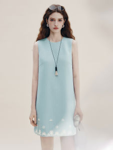FAMANXUAN | French Blue Bead Embroidery Acetate Sleeveless Dress