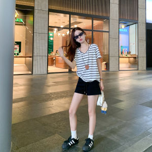 V-Neck Black and White Striped T-Shirt Short Sleeve