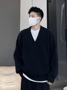 Black Large V-Neck Knitwear Mens Style Autumn Winter Casual Loose Fit Comfortable Soft Long Sleeve T-Shirt Fashionable Maturity