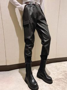 High Waist Black Leather Pants Womens Spring Autumn Loose Fit Harlan Pants Long Cuffed Trousers European Style Boot Pants