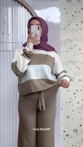 Oneset Sweater Rajut Yenni Crop Stripe Setelan Celana Kulot Premium Lengan Panjang Wanita Kekinian