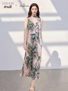 3COLOUR·S | Printed Pleated V-Neck Sleeveless Long Dress
