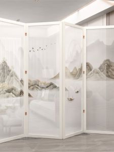 Chinese Painting Screen Solid Wood Partition Blocking Entrance Living Room Double-Sided Tea Room New Chinese Office Foldable Movable