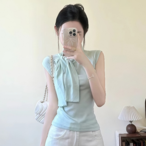 VKSOD | Korean Style Butterfly Knot T-Shirt Womens Summer Sweet Casual White Wide Leg Pants Two-Piece Set Round Neck Long Sleeve Top