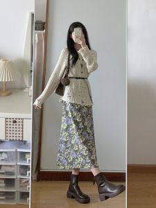 Tea Series Wear a Set of Outerwear Cover-up Floral Suspenders Dress Lazy Women Spring & Fall Cut Out Knitwear Tops