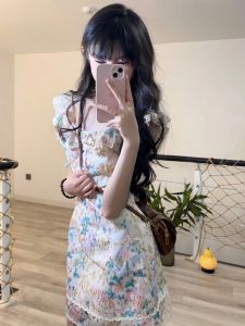 French Style High Waist Short Dress Womens Summer Slimming Butterfly Knot Wrap around Skirt Halter Neck A-Line Dress