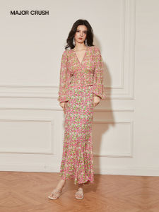 French V-Neck Slimming Floral Set Dress