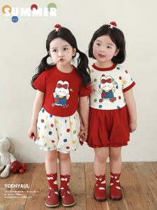 กางเกงขาสั้นลายจุดหวานๆ สำหรับเด็กผู้หญิง กางเกงขายาวทรงดอกไม้ กระโปรงทรงลูกโป่ง ฤดูร้อน 2024 กางเกงขายาวผ้าฝ้ายผสม