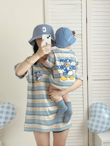 Family Matching Casual Striped Loose Short Sleeve T-Shirt for Parents And Children Cartoon Design Breathable Machine Washable