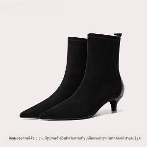 Maryland ผู้หญิง รองเท้าบูท ฤดูใบไม้ผลิ ฤดูใบไม้ร่วง ผ้าขนแกะ รองเท้าส้นสูงมีซับในแฟชั่นสํานักงาน ถุงเท้าถึงกลางน่อง รองเท้าบูทขนาดใหญ่ 41-43 ขาสลิม