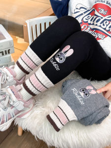Girls Fleece-lined Embroider Rabbit Police Officer Leggings 2024 Fall and Winter New Arrival Baby Girls Easiest for Match Stretch Casual Pants