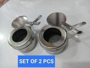 Stainless steel fuel gel holder fuel box heater set of 2 pcs. Key attributes: cylindrical shape hinged lid handle. Fit/use: for heating fuel gel. Scene: kitchen countertop.