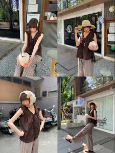 NIHAOKANONG | Áo Blouse Vòng Cổ V Tay Bồng Dải Xếp Ly