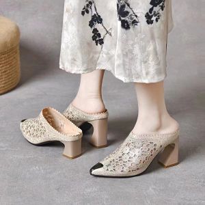 Womens Mesh High Heel Sandals Summer 2024 Pointed Toe Hollow out Diamond Versatile Outdoor Wear Thick Heel Slippers
