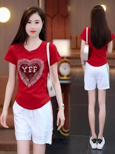 Bộ Đồ Tập Luyện Sảnh Mùa Hè Cho Nữ Áo Ngắn Tay Cổ Tròn Quần Short Cotton Love Heart Practice Elastic Waist Short