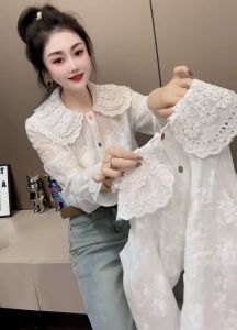 2024 Spring New Cut Out Jacquard French Style Lace Peter Pan Collar Cotton Long Sleeve White Shirt for Women Design Blouse
