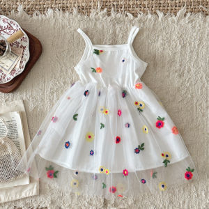 Summer girls suspender dress childrens three-dimensional flower embroidery solid color sweet sleeveless dress