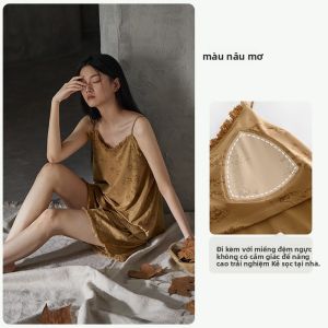 yuenei | Bộ đồ ngủ cotton nguyên chất có đệm ngực cho nữ Bộ đồ mặc nhà mùa hè thường ngày đi biển Áo vest không dây Quần short