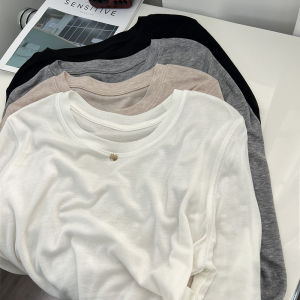 Soft Lyocell Thin T-shirt Womens Long-Sleeved Spring and Summer Loose round Neck Sun Protection Pullover Knitted Top Bottoming Shirt