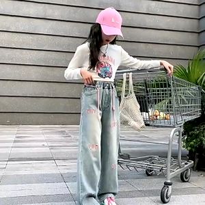 6-16 Years Jeans for Kids Girl Fashion Summer New Korean Style Embroidery Design Jeans Baby Girl Wide Leg Denim Pants Garterized Casual Denim Ripped Jeans for Kids Girls