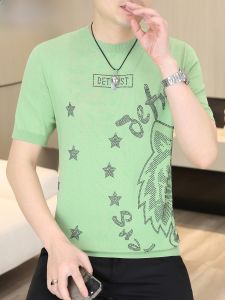 HENGYUANXIANG | Ice Silk Short Sleeve T-Shirt Mens Knitted Casual Round Neck High End Rhinestone Summer Fashion Urban Style Standard Fit Tee Shirt