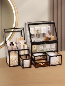 Luxurious Glass Cosmetic Storage Box Dustproof Desktop Makeup Desk Skincare Lipstick Organizer Rack Transparent Acrylic Layers