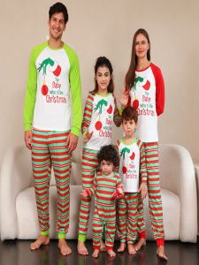 Christmas Family Parent-Child Pajamas Home Wear Fashion Red and Green Stripes Cartoon Letter Print Boys and Girls Two Pieces